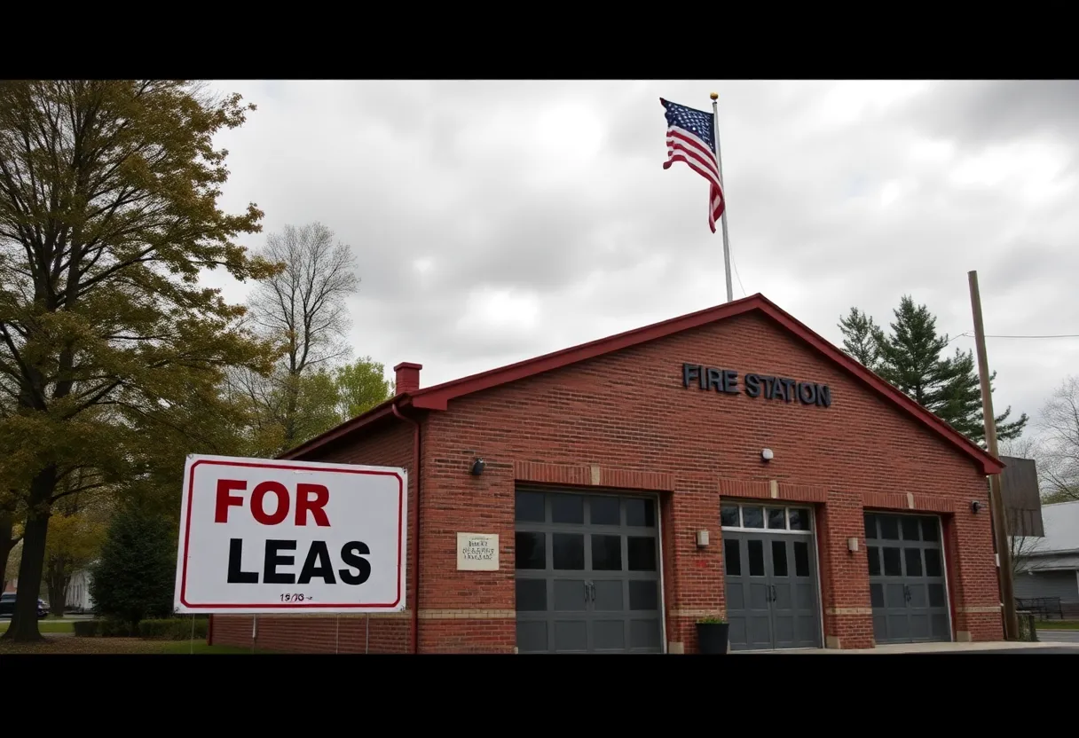 Fire station in the Village of Elsie with a 'For Lease' sign