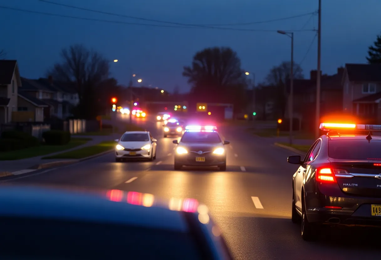 Police lights flashing on a suburban road after an accident