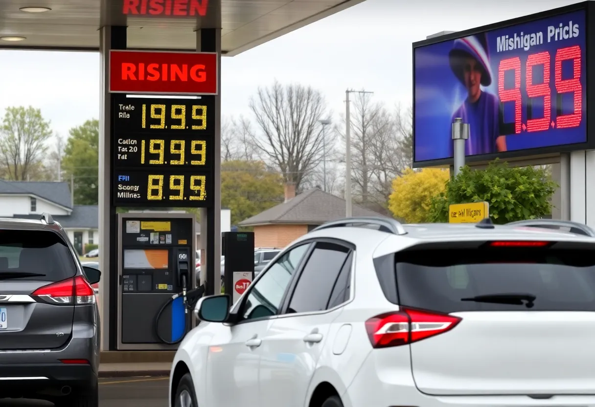 A gas station in Michigan displaying high gas prices with cars refueling.