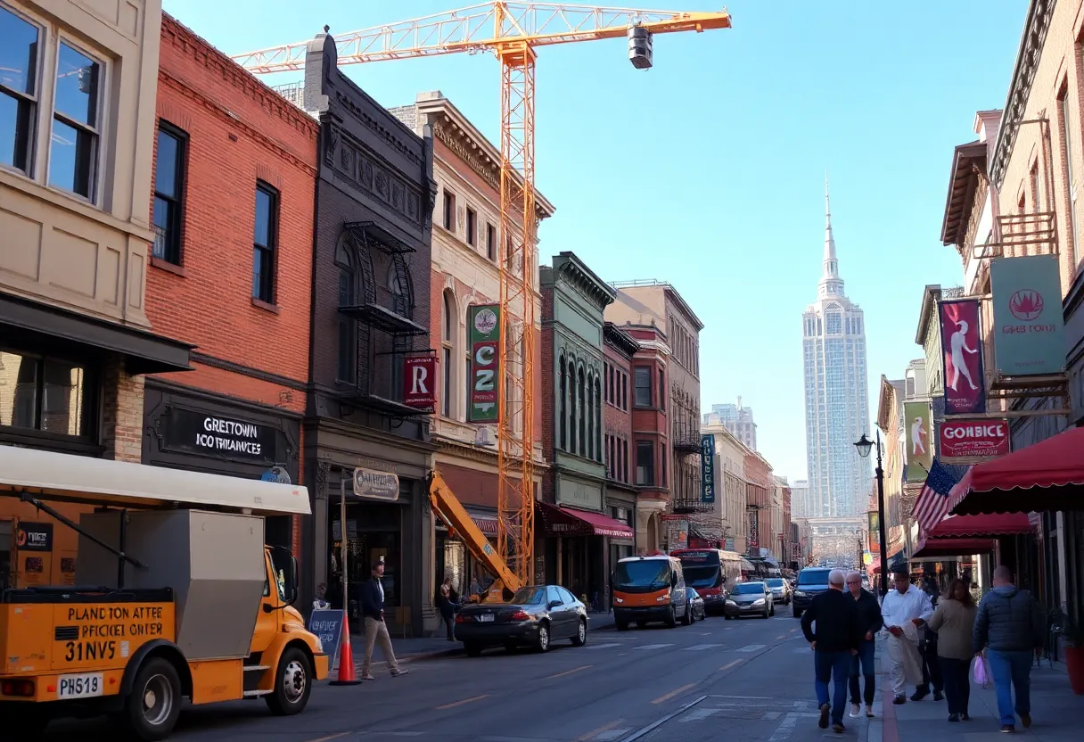 Construction scene in Greektown with pedestrians and local businesses