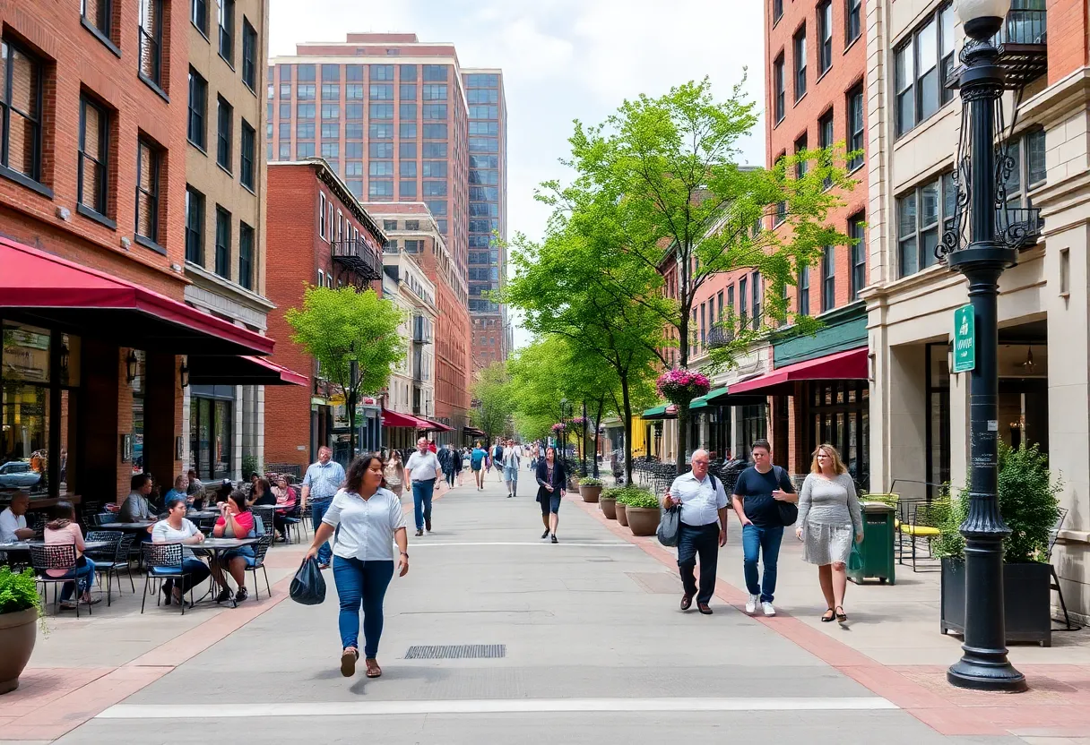 Urban redevelopment in Greektown with pedestrians and outdoor dining
