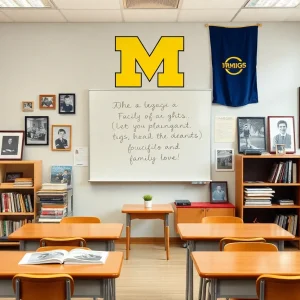 A classroom reflecting the career of Helen M. Cosens, filled with educational materials and a nod to her love for family and football.
