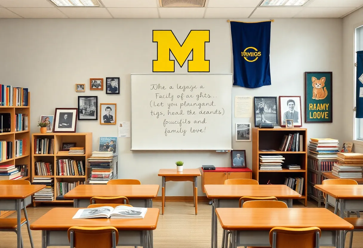 A classroom reflecting the career of Helen M. Cosens, filled with educational materials and a nod to her love for family and football.
