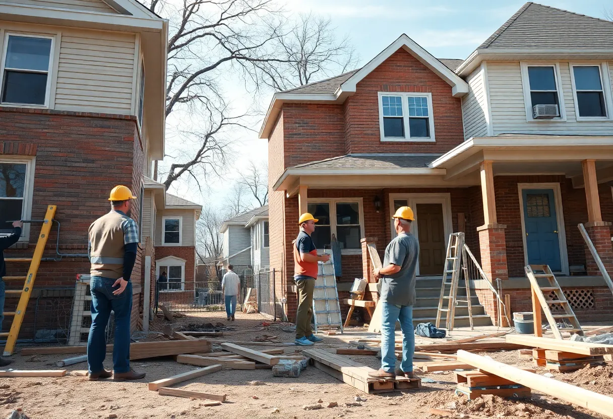 Construction workers in Detroit renovating a home.