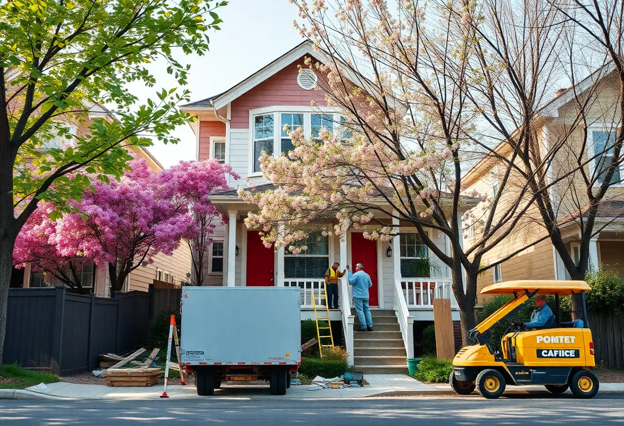 Construction site of a home renovation with workers and equipment.