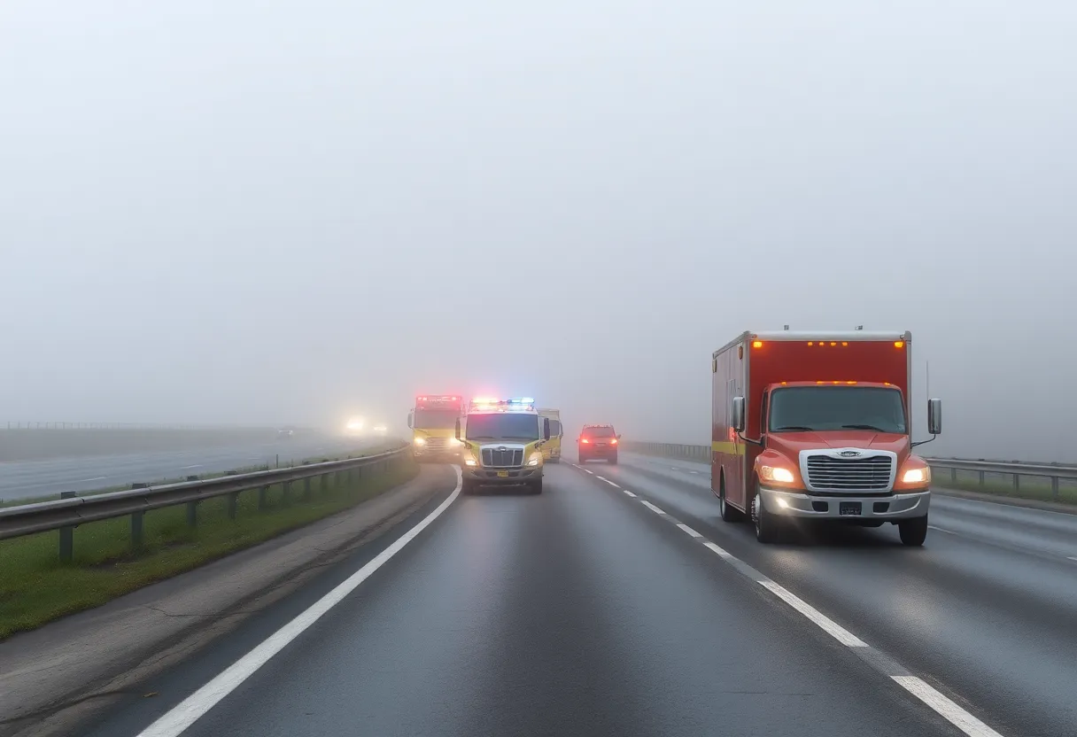 Emergency response vehicles at a crash scene on a foggy highway.