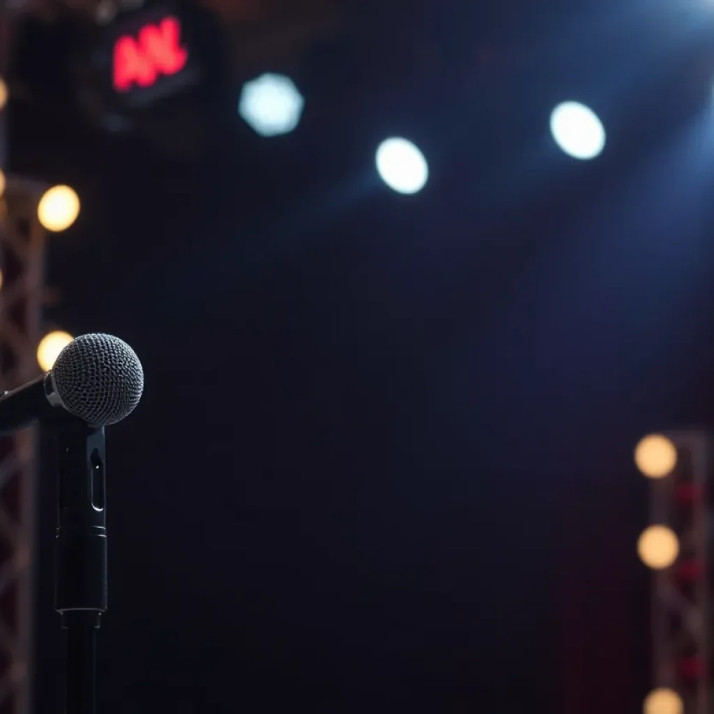 Stage of a late-night talk show with dim lights