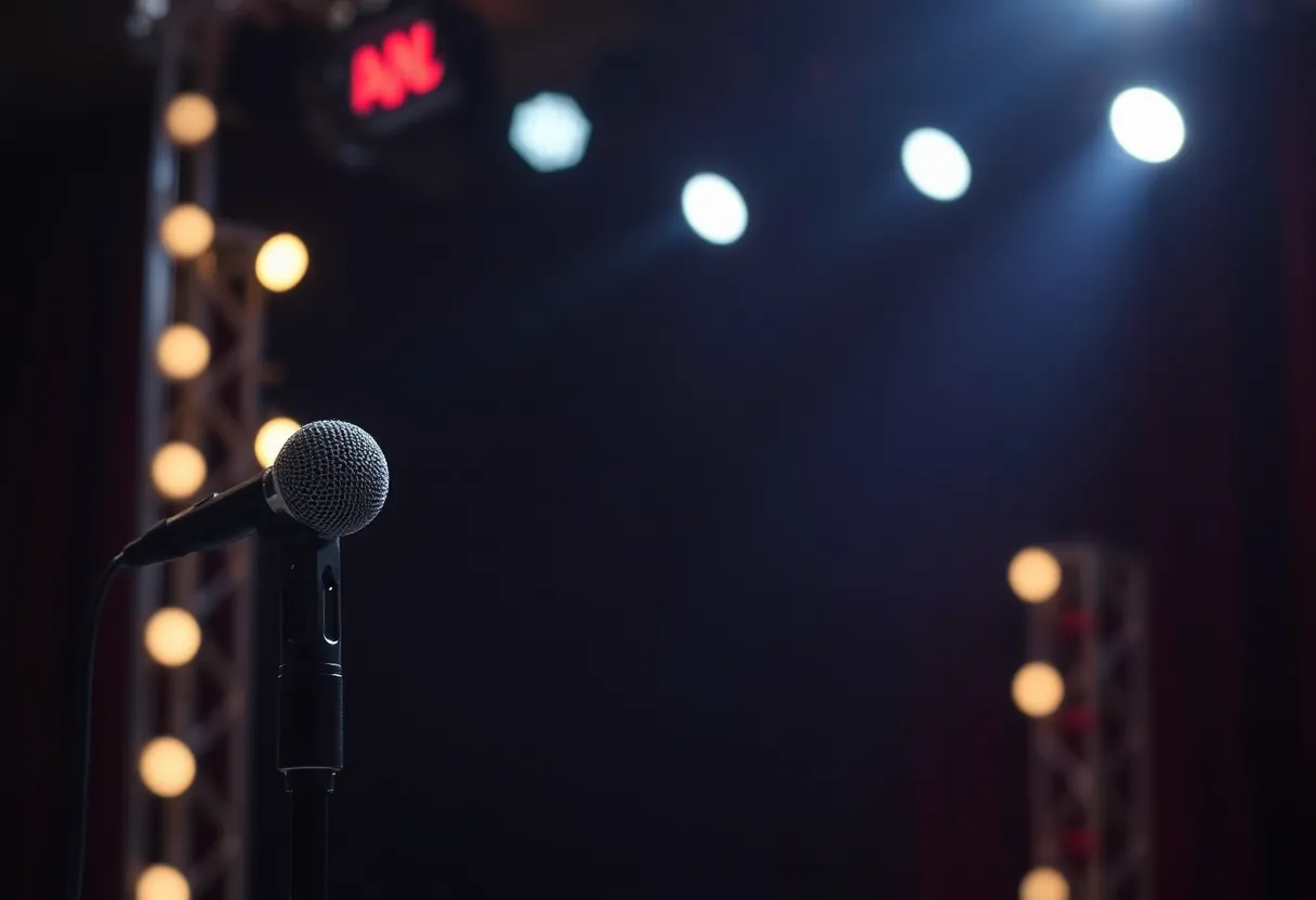 Stage of a late-night talk show with dim lights