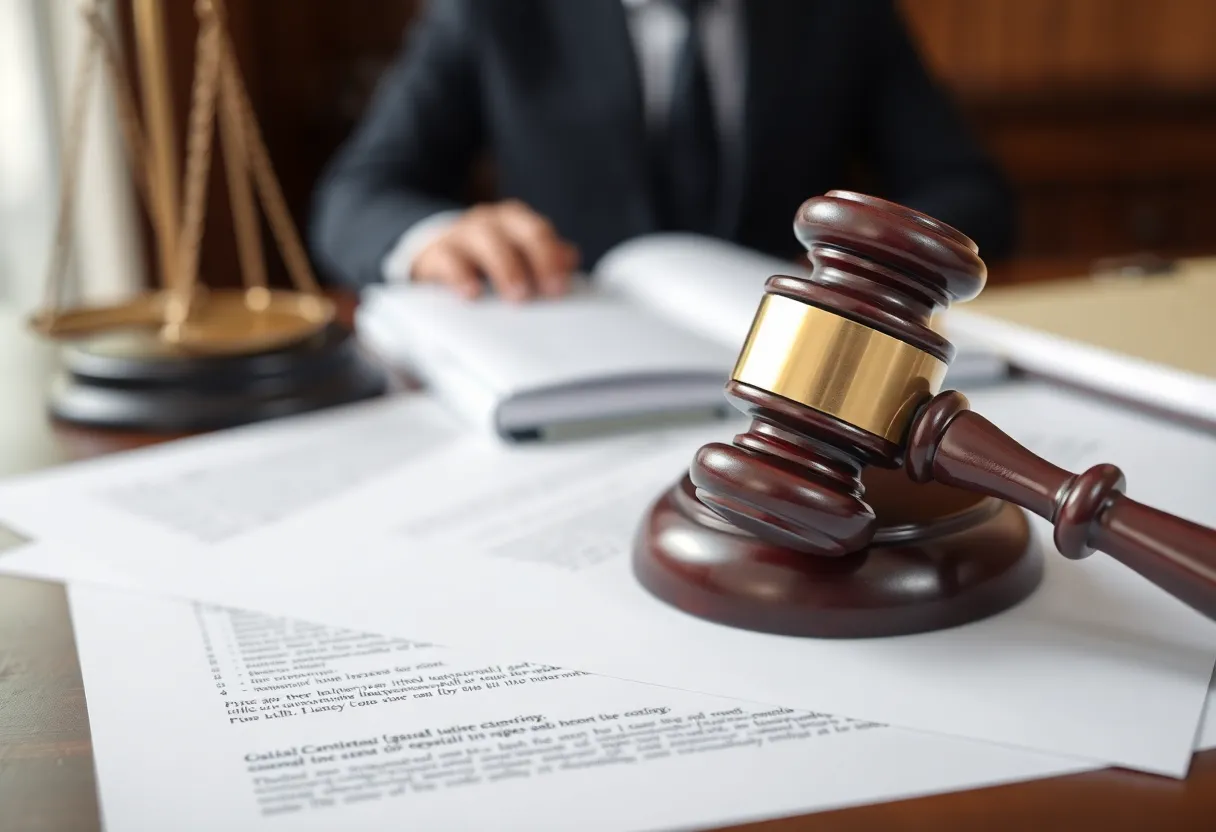 Courtroom gavel and legal documents representing justice