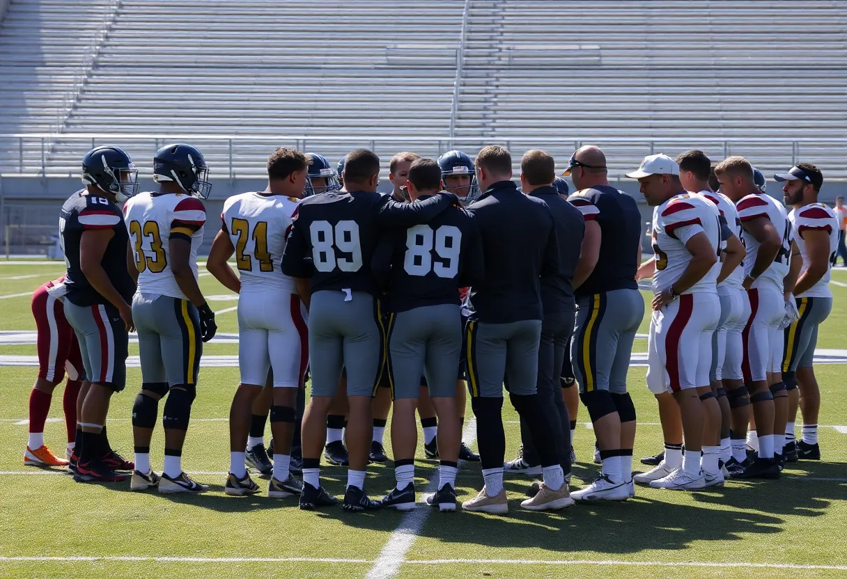 Football players showing support on the field after an injury incident.