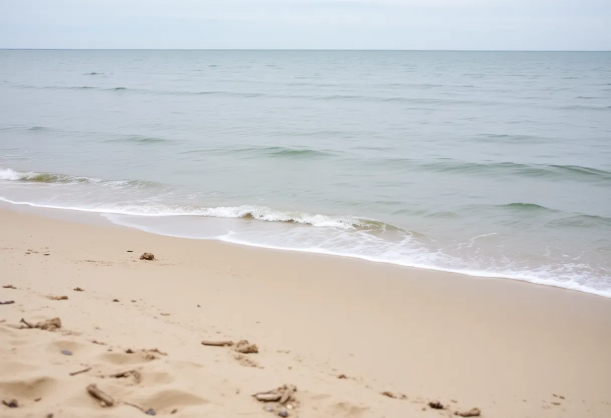 Peaceful view of Lake Michigan beach where recent tragic events occurred.