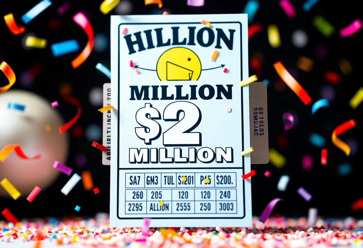 Celebration of a lottery ticket win with confetti and joy