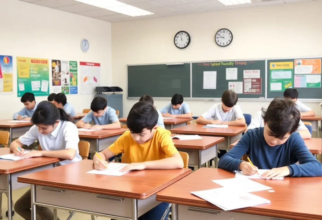 Students taking a high school merit examination in a classroom