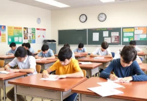 Students taking a high school merit examination in a classroom