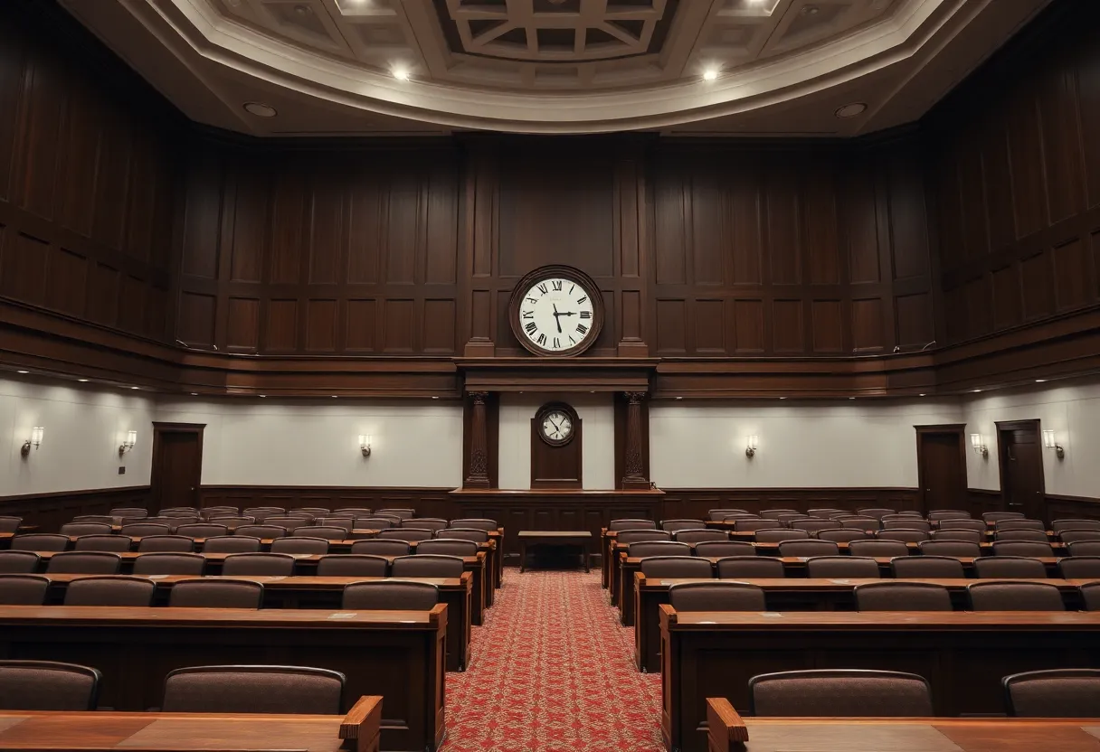 Empty legislative chamber in Michigan during budget negotiations