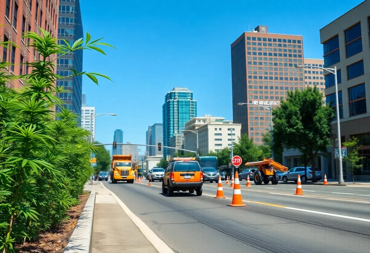 Michigan road construction with cannabis plants in the foreground