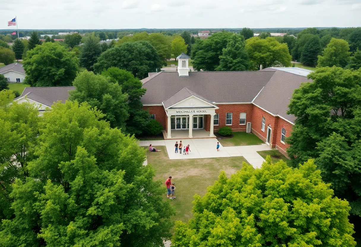 Aerial view of a Michigan school during a sunny day with students outside.