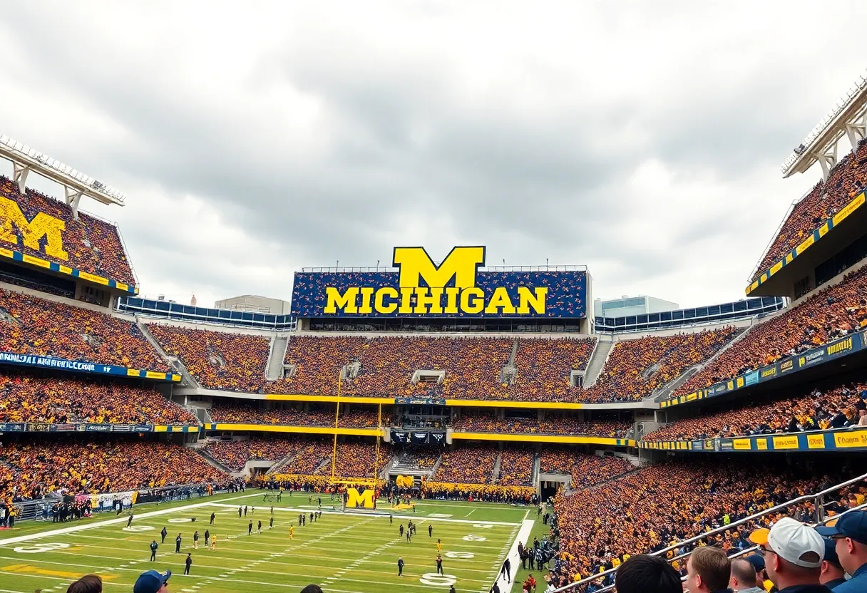 Michigan Stadium during a football game with Good Hands net signage.