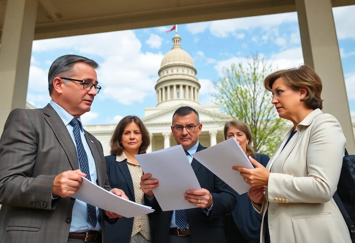 Administrators discussing school budgets with a state capitol backdrop