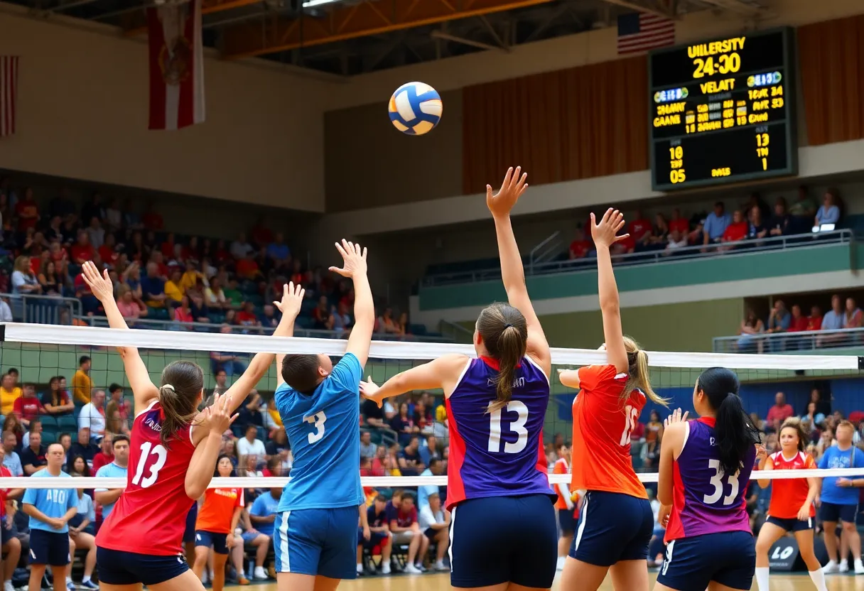 Michigan State volleyball team celebrating their victory against the University of Michigan