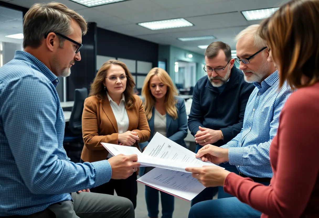 People discussing unemployment benefits in an office