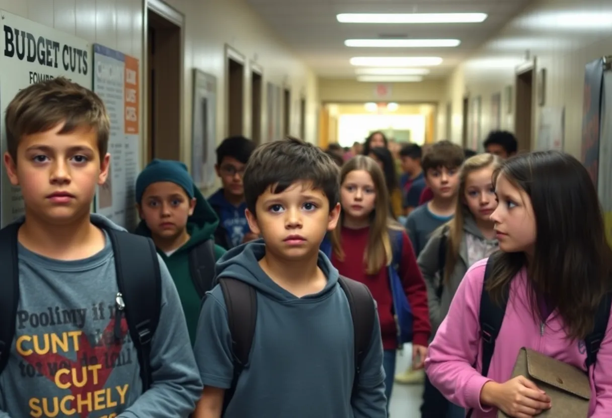 Students in a school hallway expressing concern about funding cuts