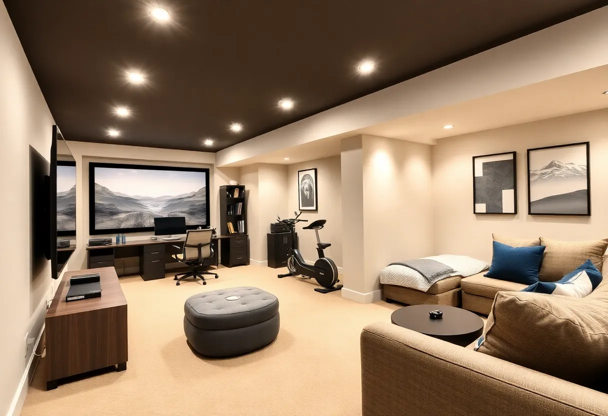 Sophisticated modern basement with home theater and office space