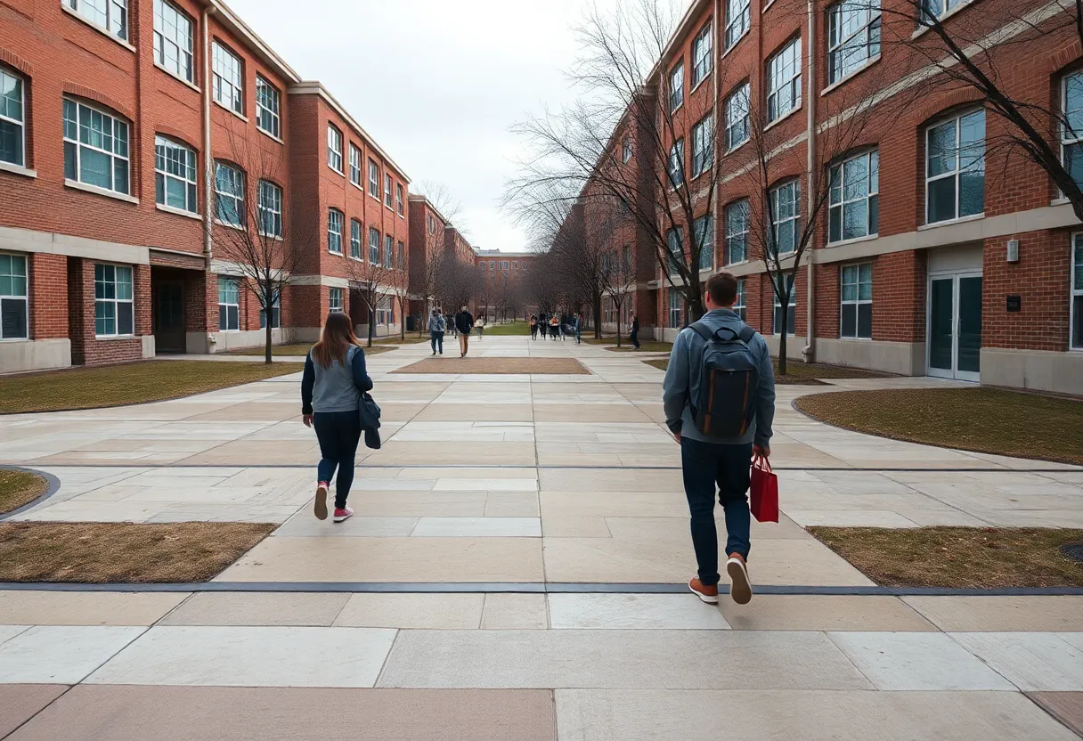 An empty walkway on Michigan State University campus reflecting budget cuts.