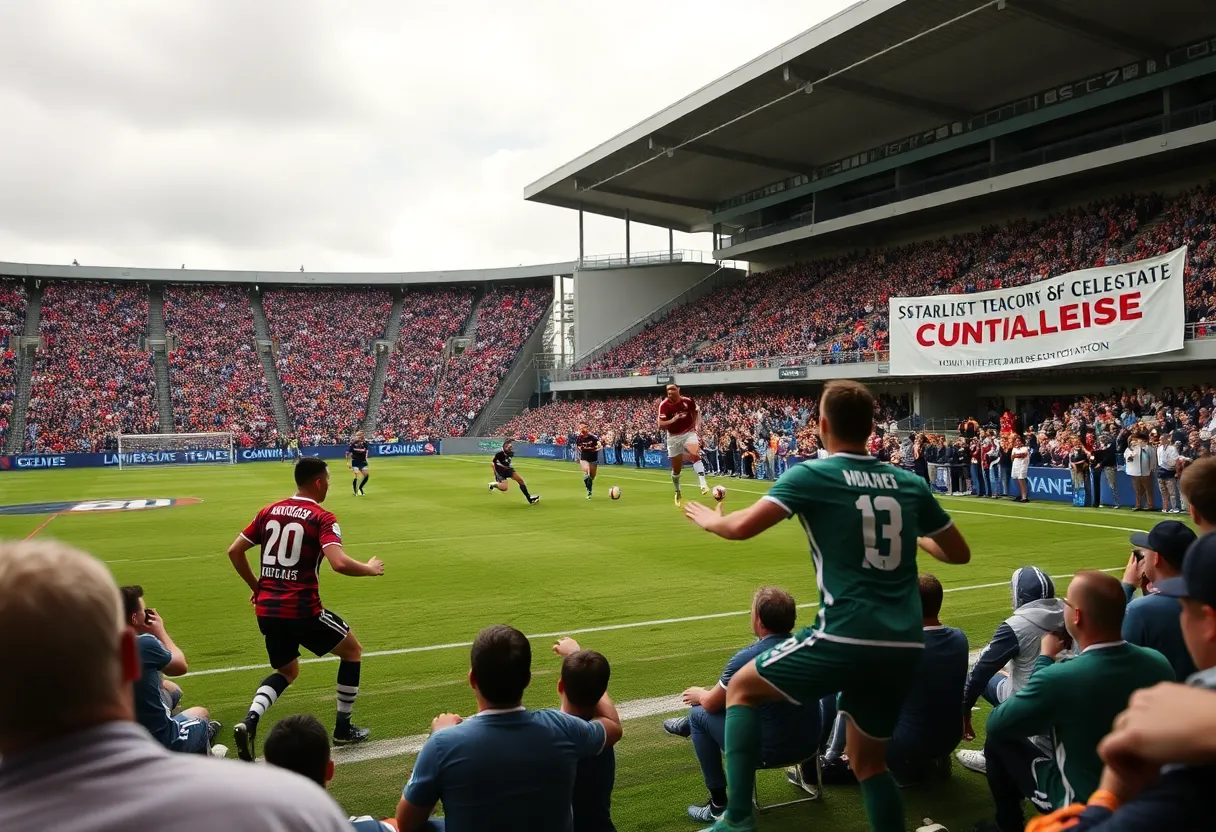 Michigan State University men's soccer team celebrating their victory over University of Michigan.
