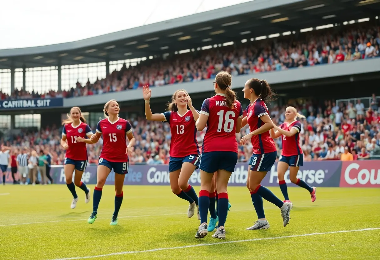 MSU Women's soccer team celebrates a goal during a match.