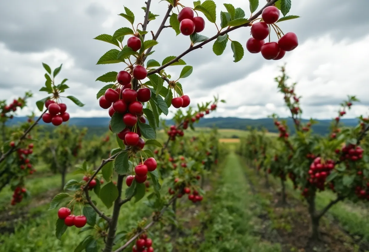 Cherry orchard in Northern Michigan with ripe cherries