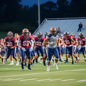 Northville Mustangs players celebrating on the football field after a score.