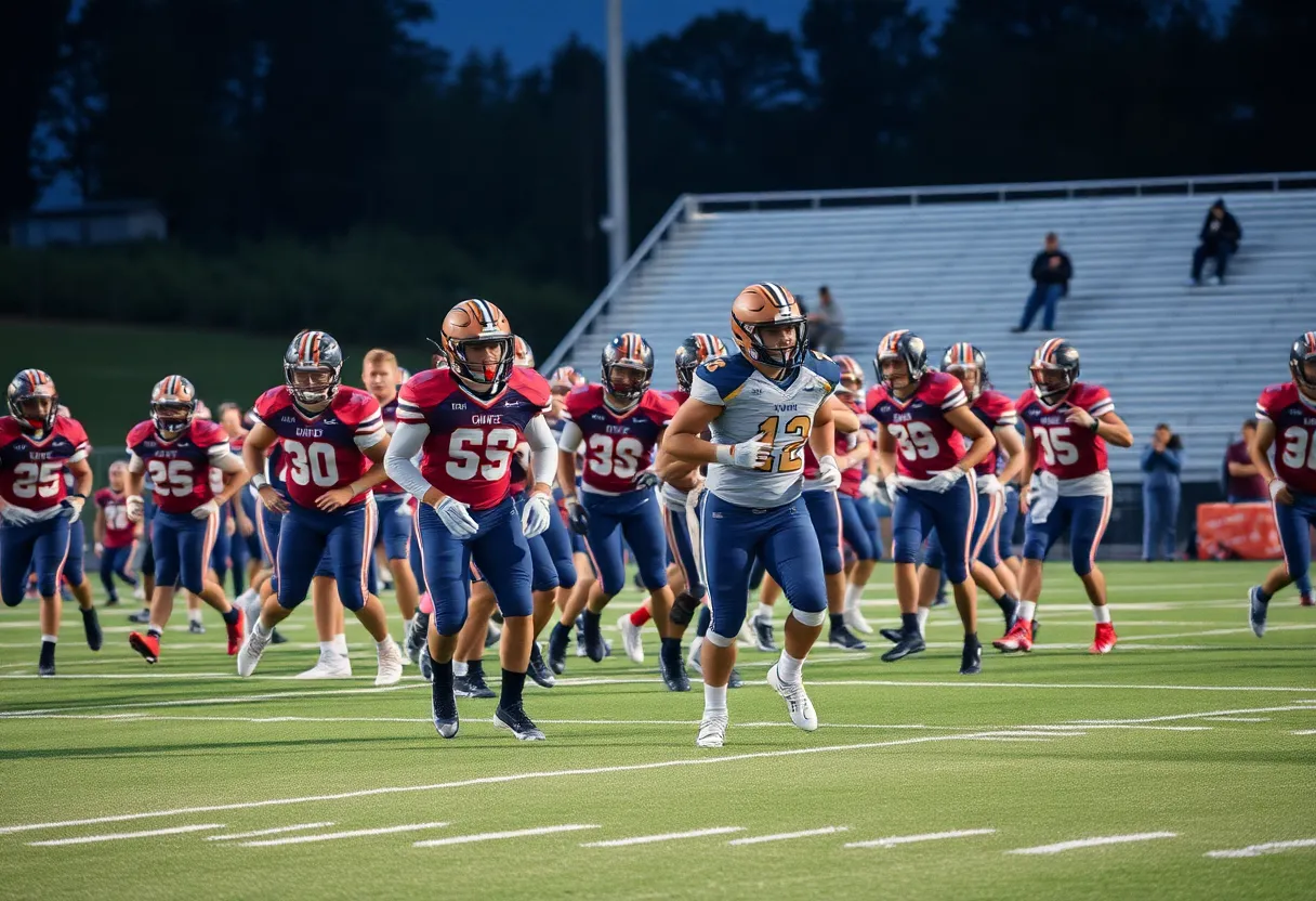 Northville Mustangs players celebrating on the football field after a score.