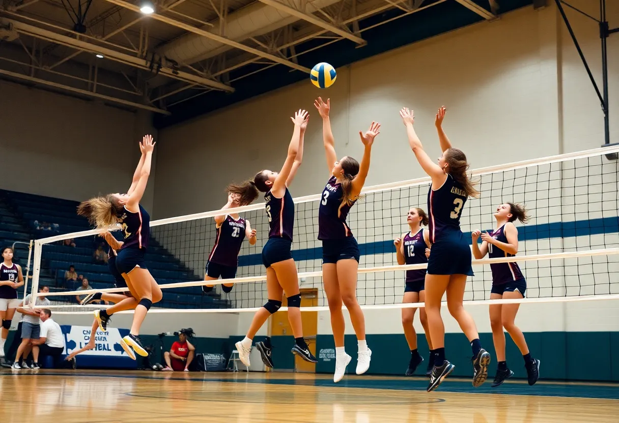 Novi High School volleyball players in action during a match