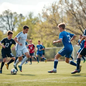 Boys soccer match at Plymouth High School with players in action