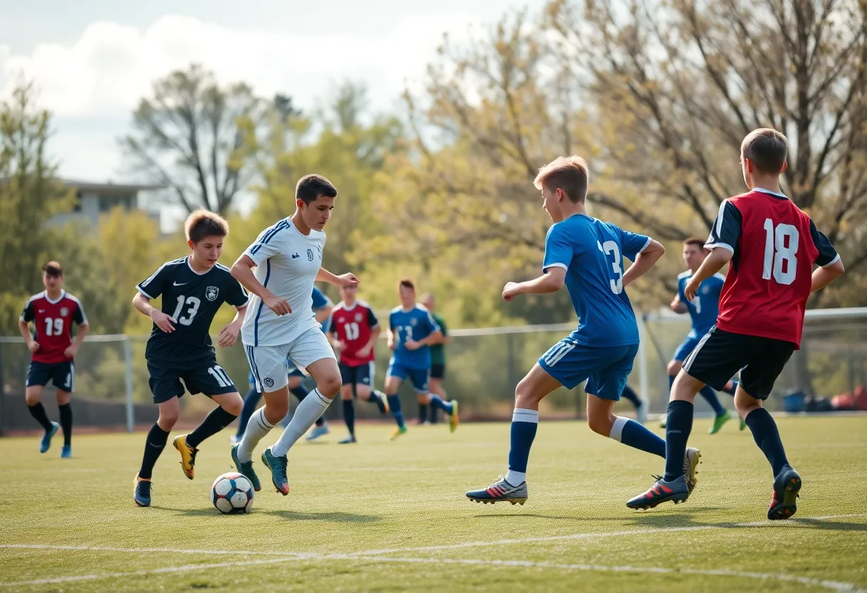 Boys soccer match at Plymouth High School with players in action