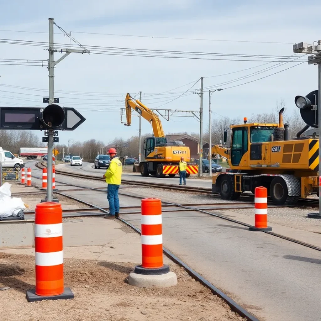 Construction workers repairing railroad crossing in Plymouth