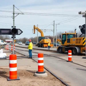 Construction workers repairing railroad crossing in Plymouth