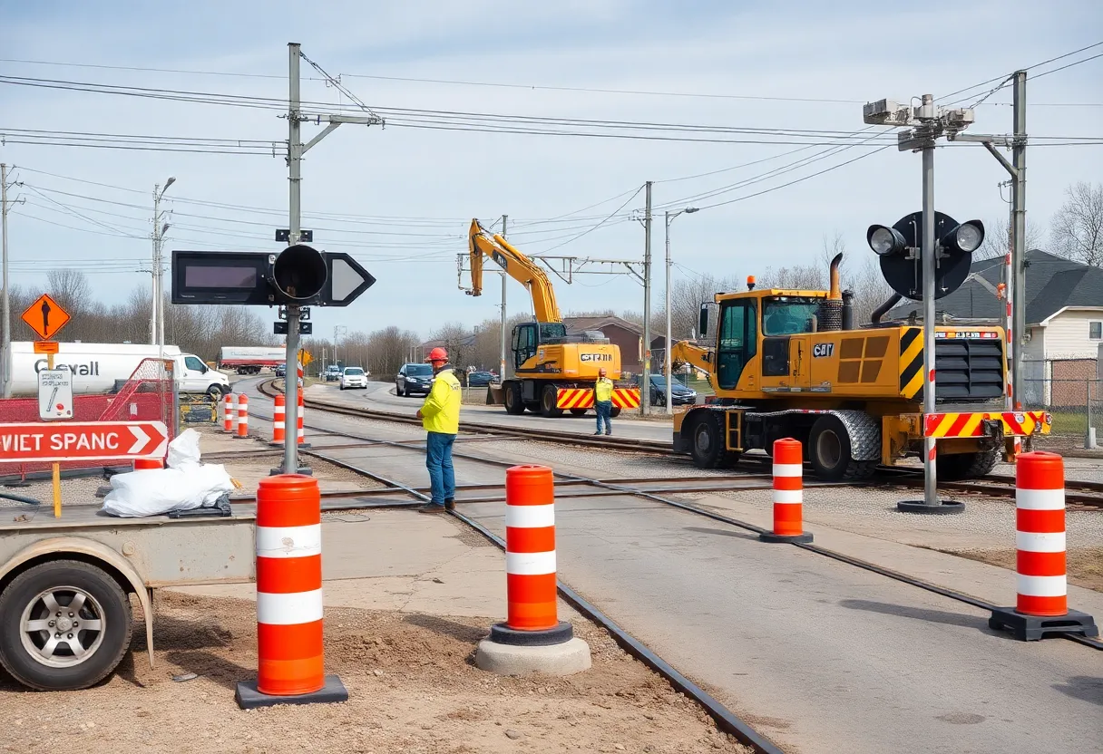 Construction workers repairing railroad crossing in Plymouth