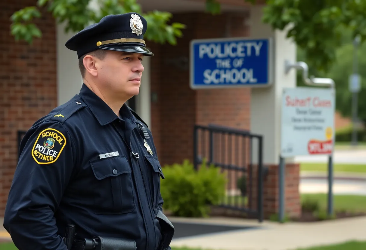 Police officer outside a suburban school following a threat incident