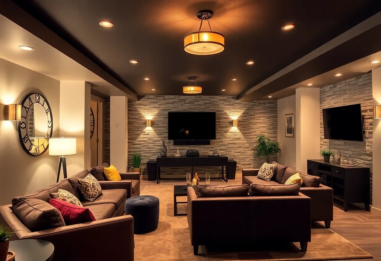 Remodeled basement with lounge area and decorative lighting