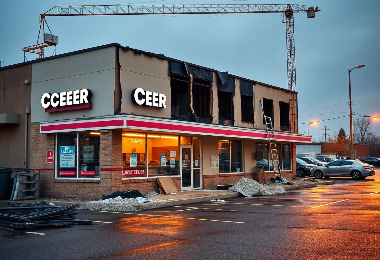 Fire damaged building undergoing renovation for an ice cream shop.