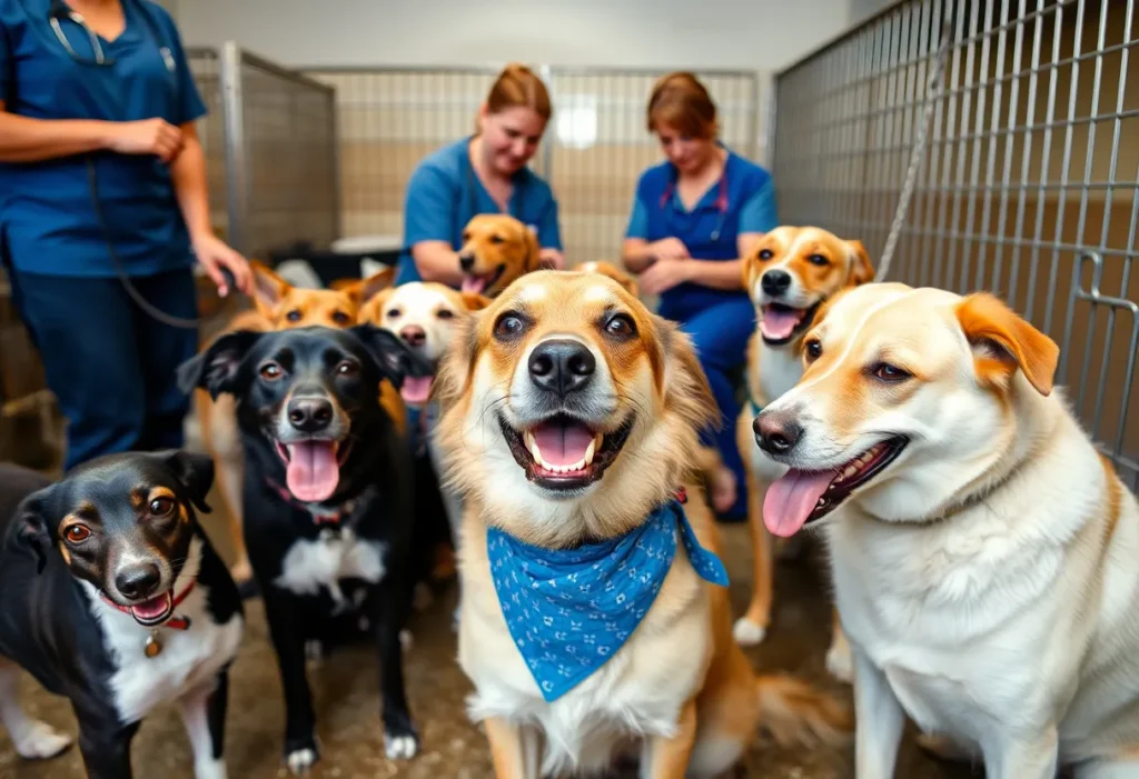 111 rescued dogs in safe housing being cared for by staff.