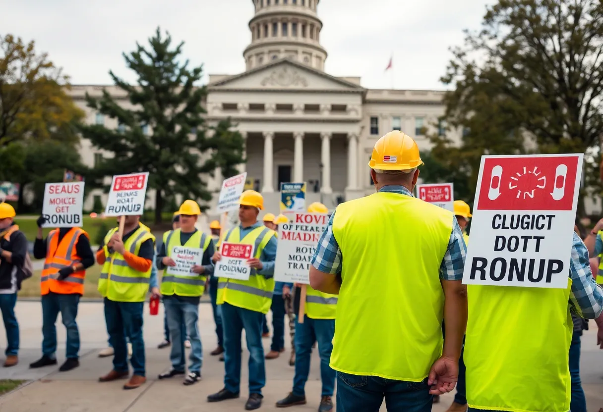 Construction workers protesting for road funding outside Michigan's statehouse