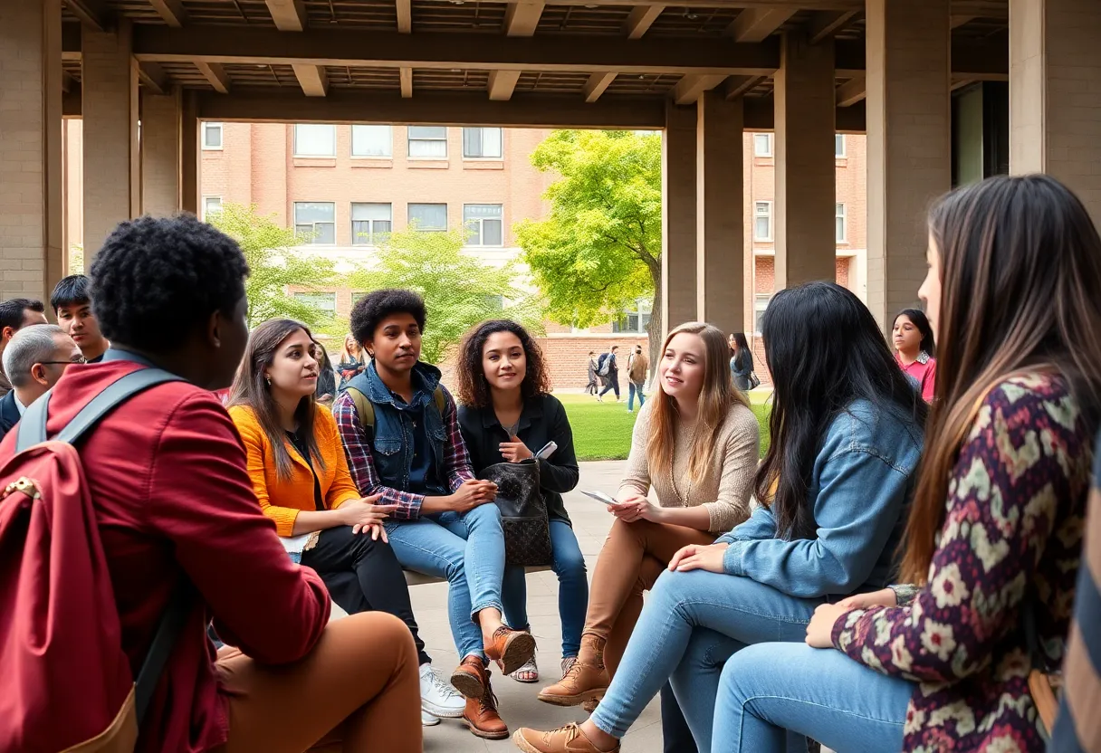 Students discussing various perspectives on campus