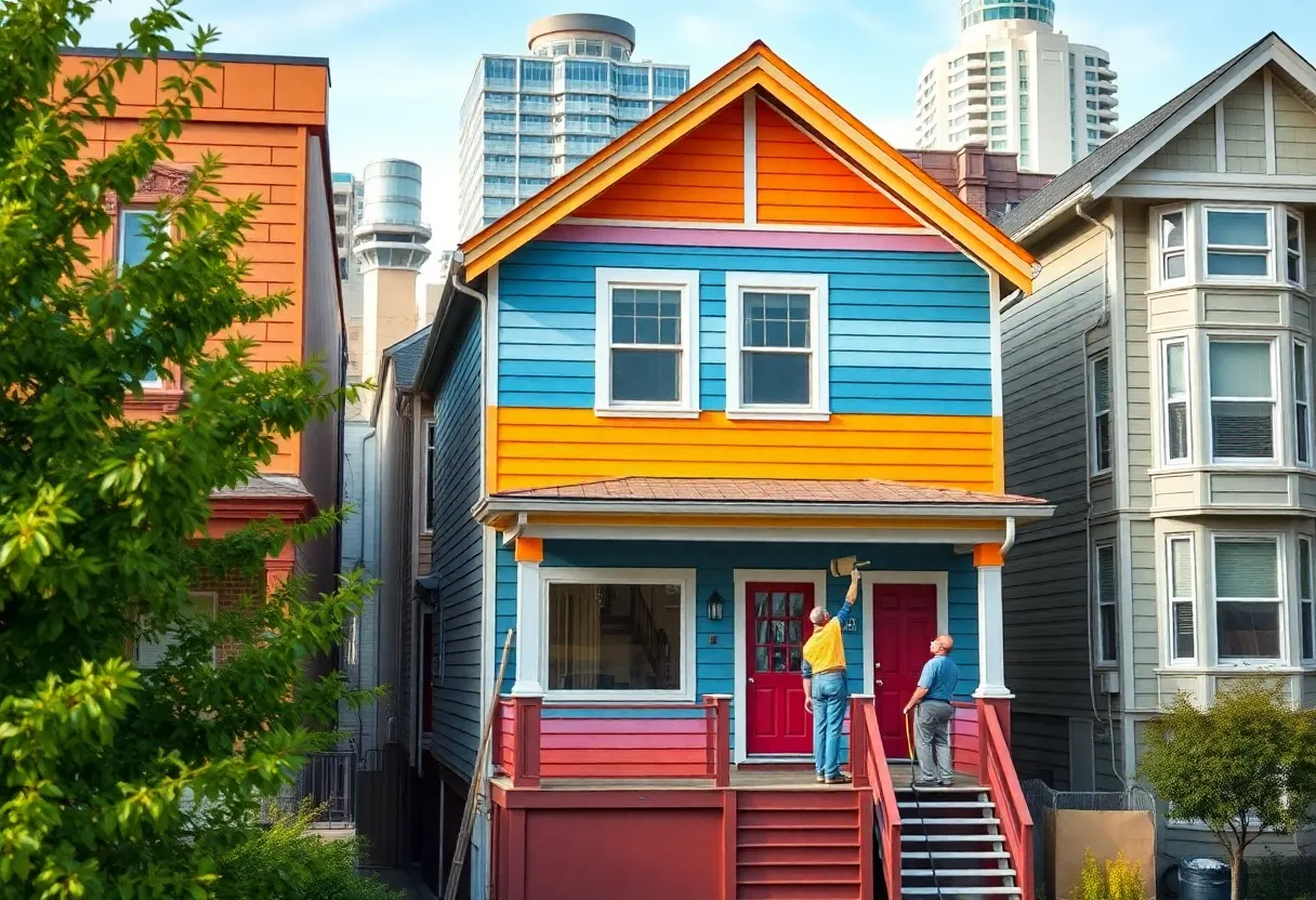Construction workers painting a house in Seattle neighborhood
