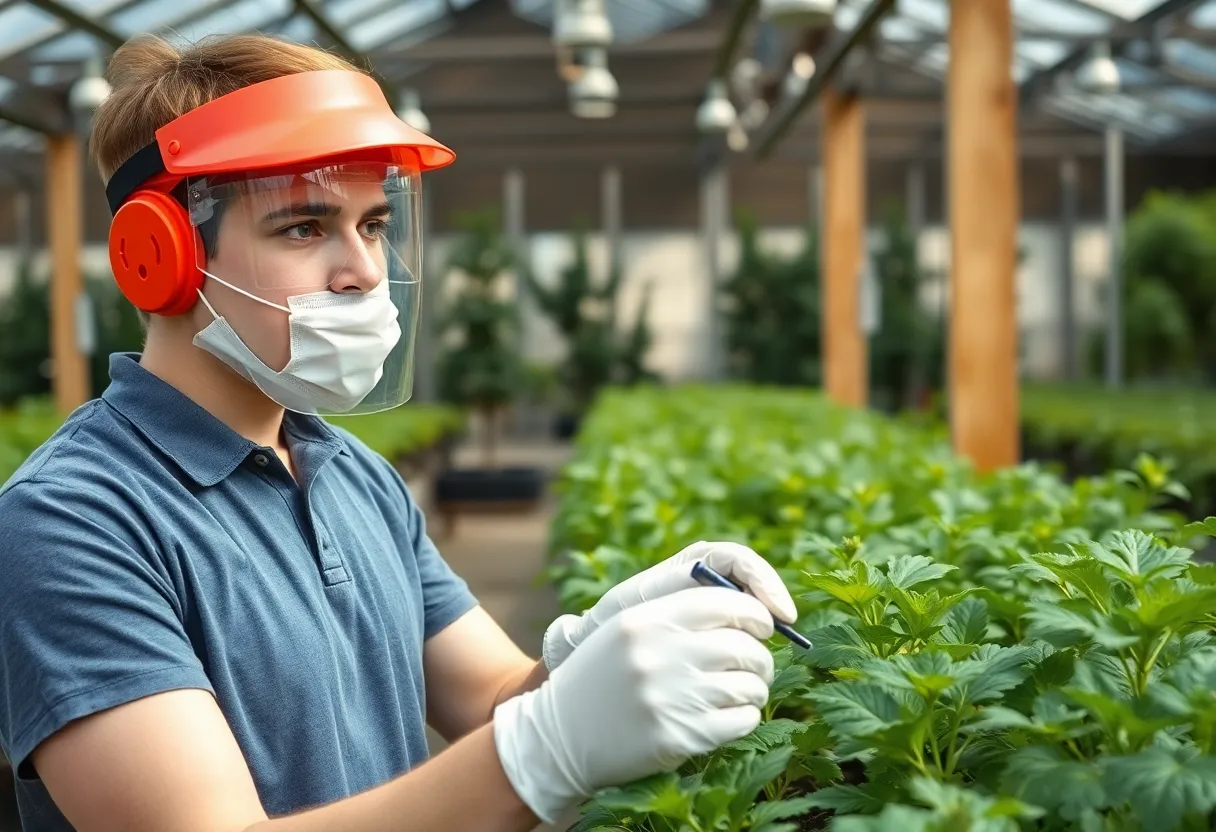 Student handling plants in a greenhouse with safety gear