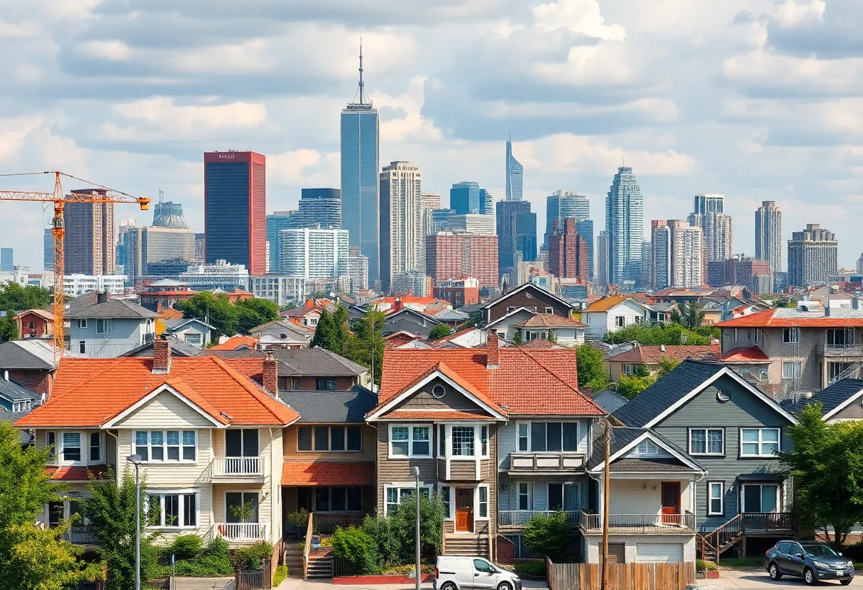 City skyline with home renovations and construction activity