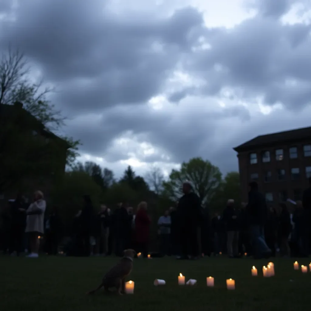 Somber university rally scene with candles