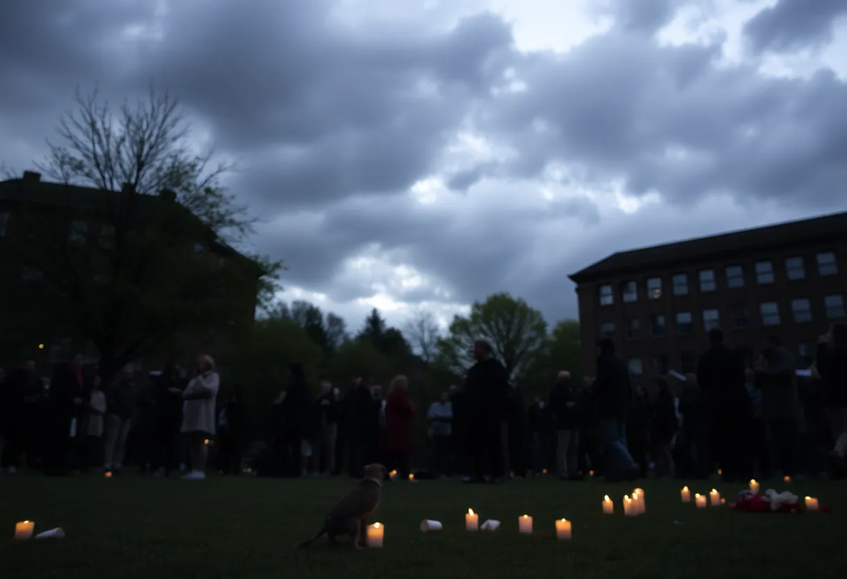 Somber university rally scene with candles